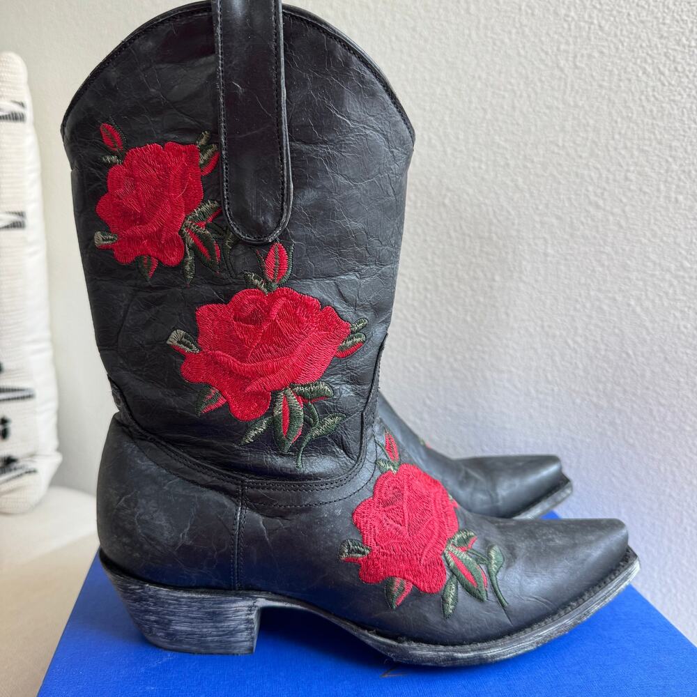 Old Gringo Black Boots with Red Floral Embroidery